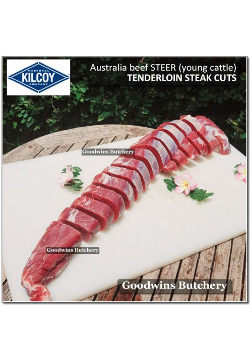 Beef Eye Fillet Mignon Has Dalam TENDERLOIN Australia STEER (young cattle) frozen KILCOY BLUE DIAMOND steak 1" 2.5cm (price/pack 500g 3-4pcs)
